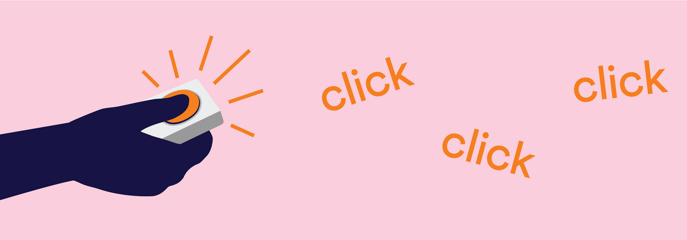 Illustration of dog with hand clicking a button for clicker training